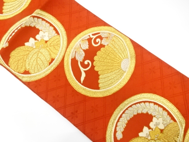 JAPANESE KIMONO / ANTIQUE FUKURO OBI / SILK / WOVEN ROUNDEL CREST & KIKU & PAULOWNIA